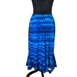 TanJay Tie-Dye Midi Skirt w/ Godet Ruffles, Silky-Feeling Poly Blend Blue Sz 10